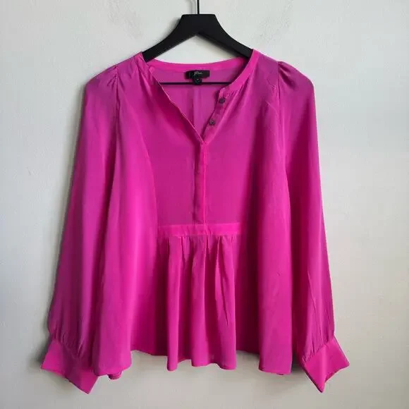 J. Crew Silk Pleated Popover Blouse in Fuchsia Pink Size Medium - Picture 2 of 9